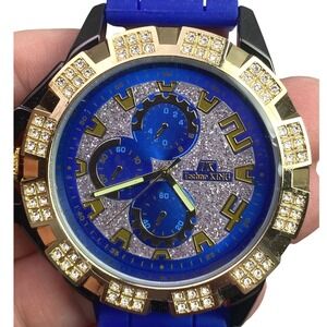 Techno KING Mens Watch Blue Silicone Crystal Chronograph Water Resistant Iced